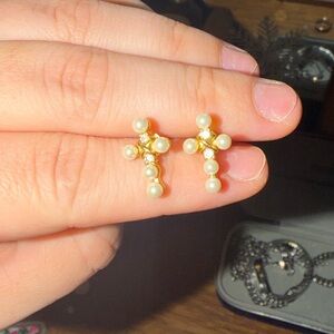 Elegant Gold and Pearl Cross Earrings